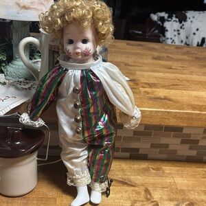 Vintage Clown jester Doll with Curly Hair